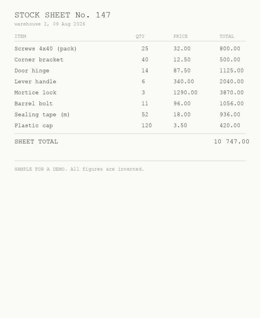 Sample: a stock sheet with one planted error